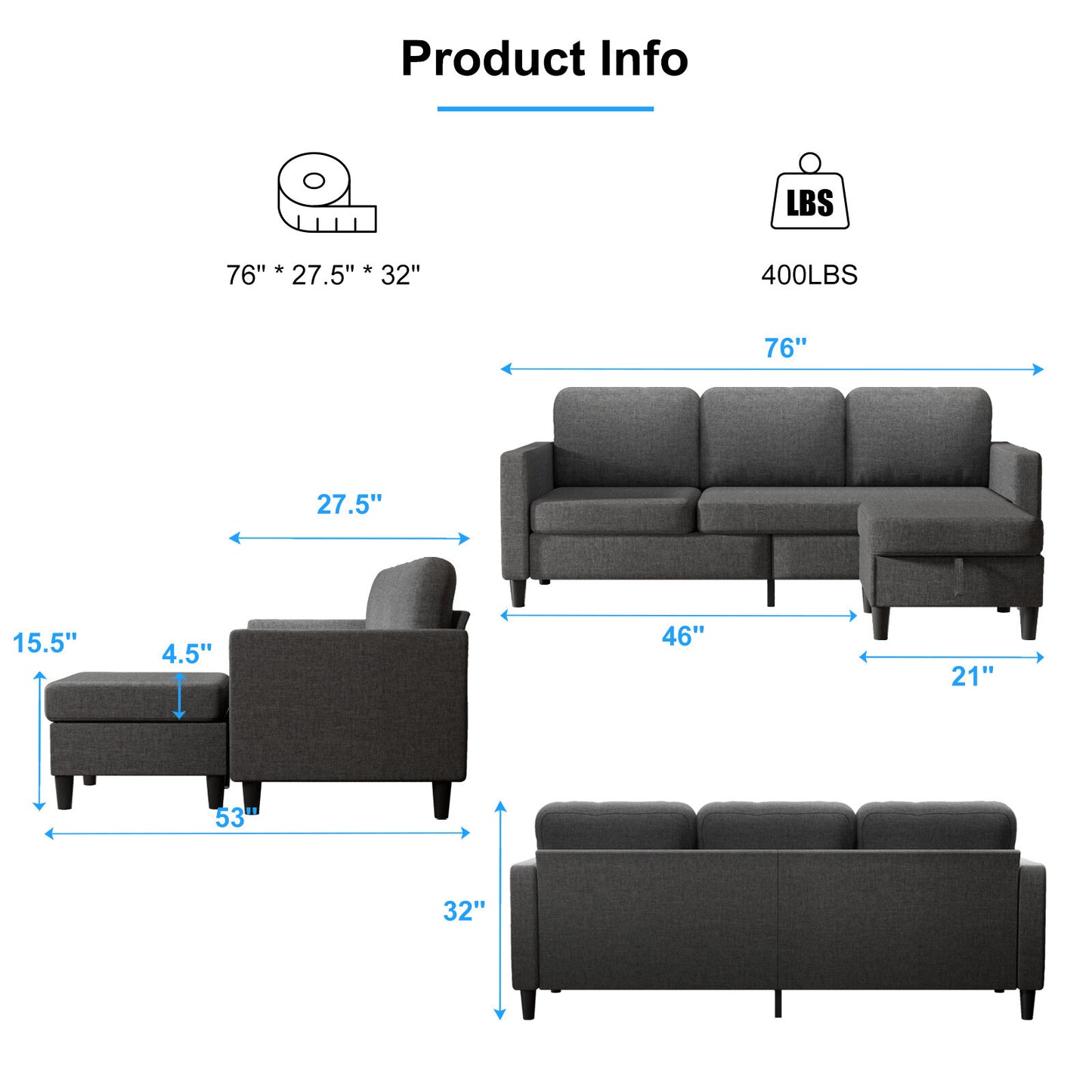 Small Sectional Sofa with Storage Ottoman,3 Seater L Shaped Sofa for Living Room