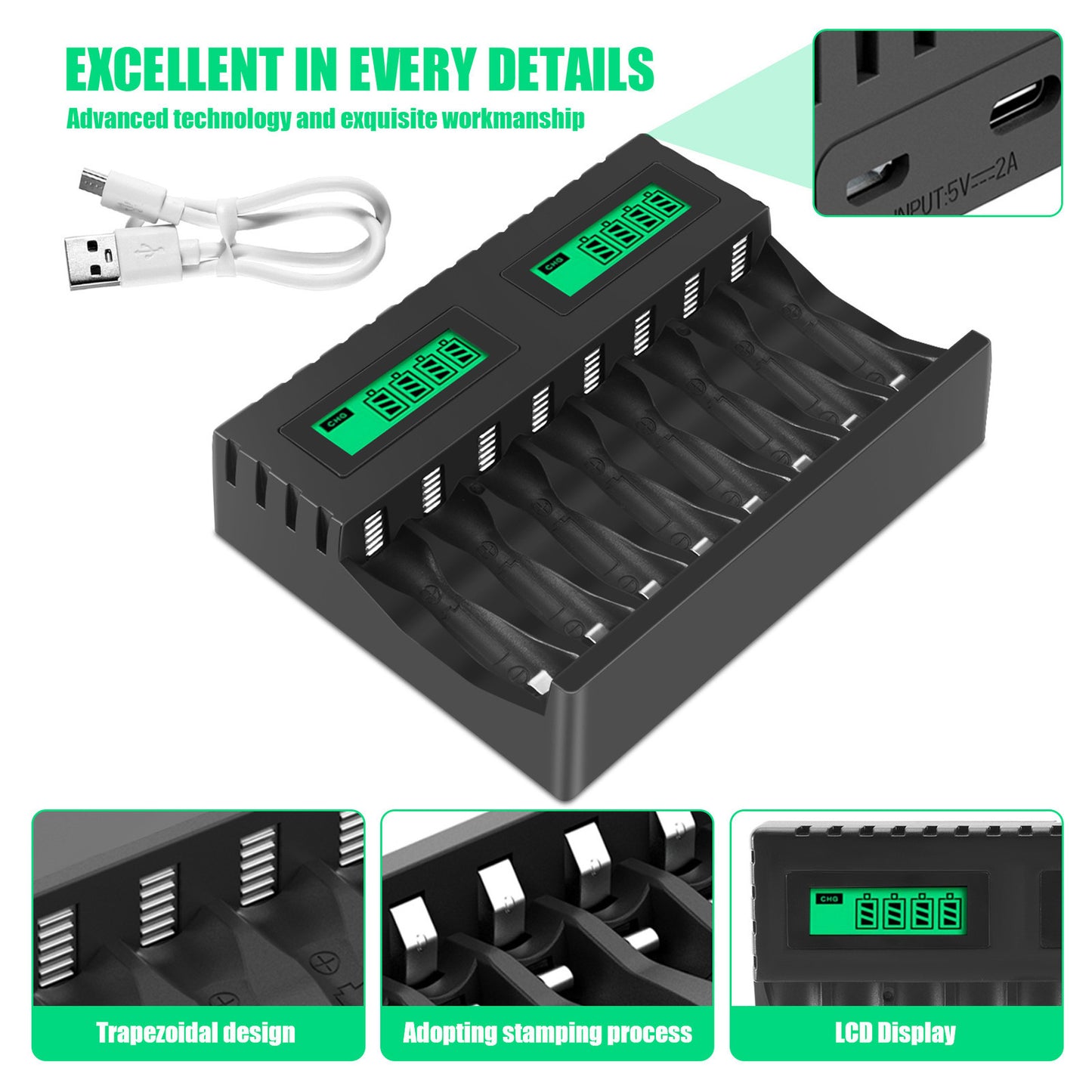 Battery LCD Display Intelligent 8-Slot Chargers for AA/AAA NiCd NiMh2049