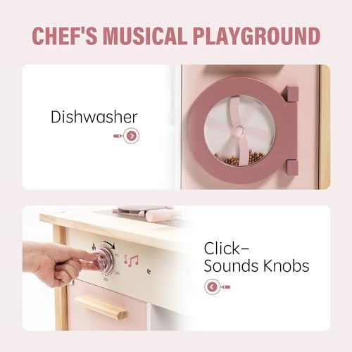 Play Kitchen for Kids Toddlers, Wooden Play Kitchen with Realistic Pink