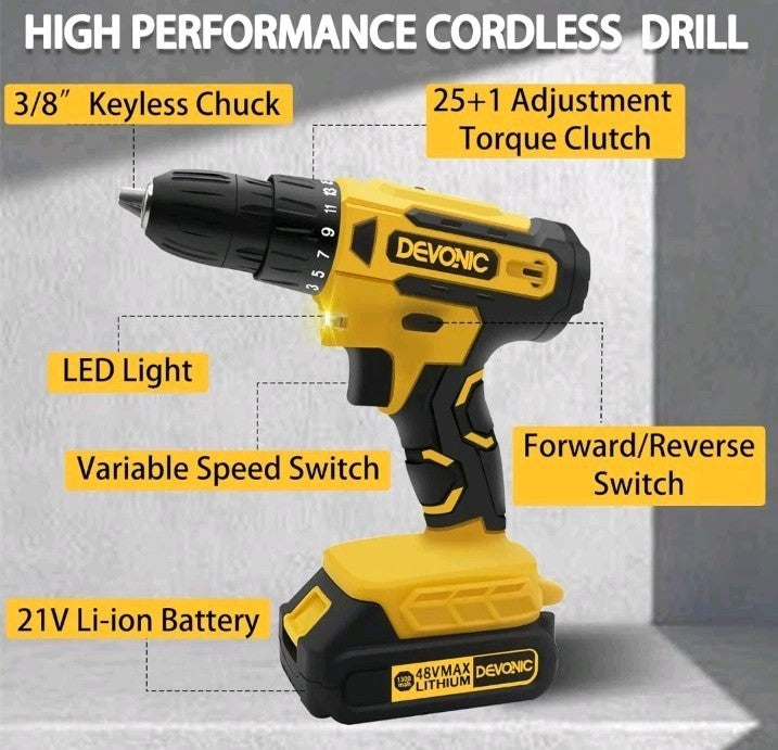 DEVONIC Cordless Drill Set,21V Electric Drill with 1 Lithium Battery and Charger