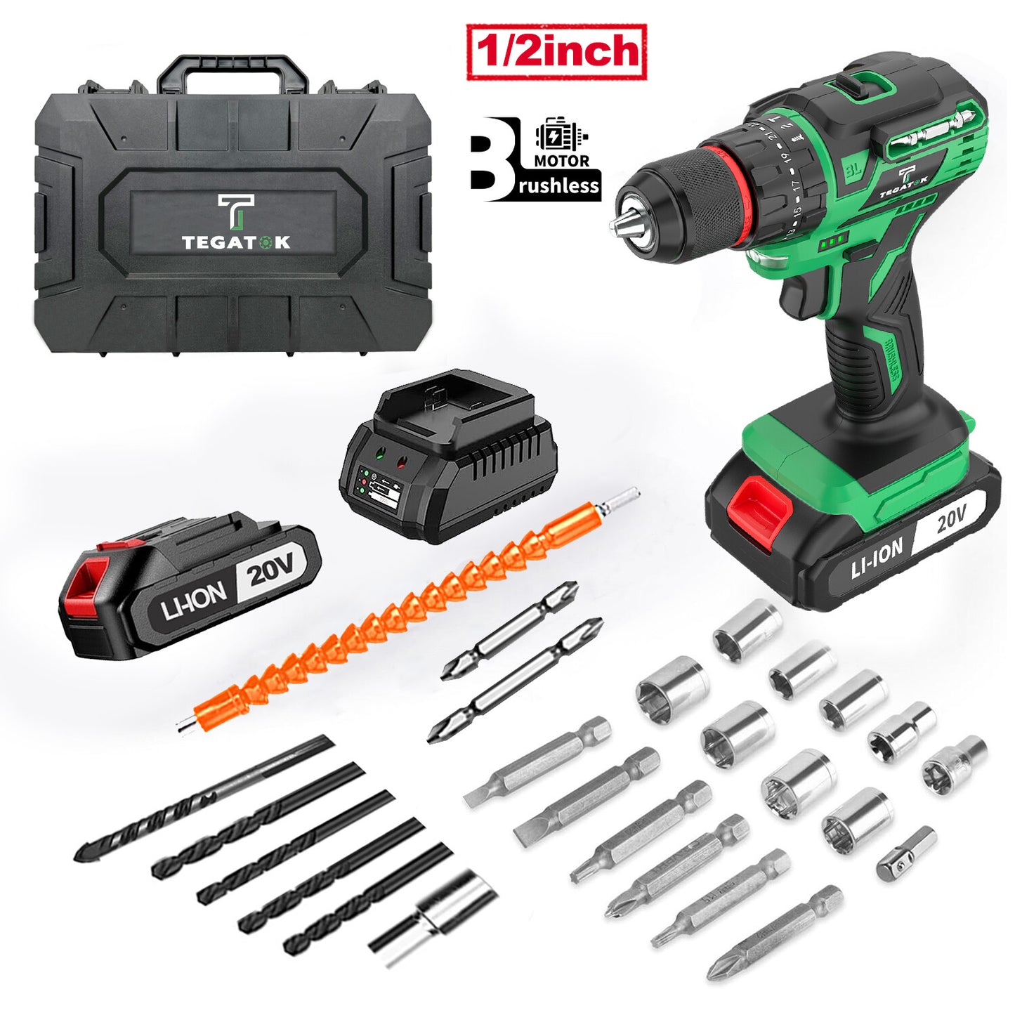 20V Cordless Brushless Drill Set,1/2 Inch Keyless Chuck Comes with Two Battery