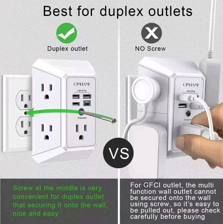 5 Outlet Extender with 4 USB Charging Ports (4.8A Total) 3-Sided Multi Plug Adap