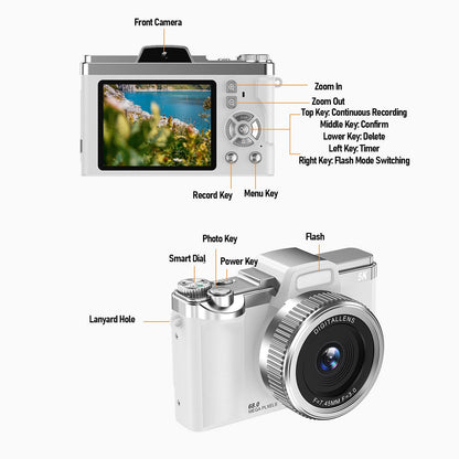 Digital Camera 64MP Pixels 5K HD 16x Zoom AF Autofocus Retro Compact Vlog Kit