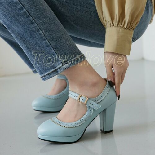 Womens Mary Jane Shoes Ankle Buckle Chunky Heels Pumps Round Toe Casual Shoes Sz
