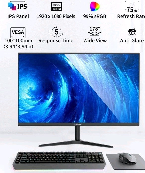 Grebear 27 Inch Monitor, Full HD 1080P 75Hz Computer Monitor, IPS Display, HDMi