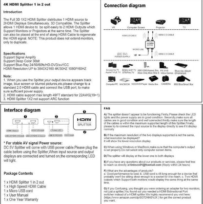 4K@60Hz HDMI Splitter 1 in 2 Out, HDMI Splitter for dual Monitors Duplicate only