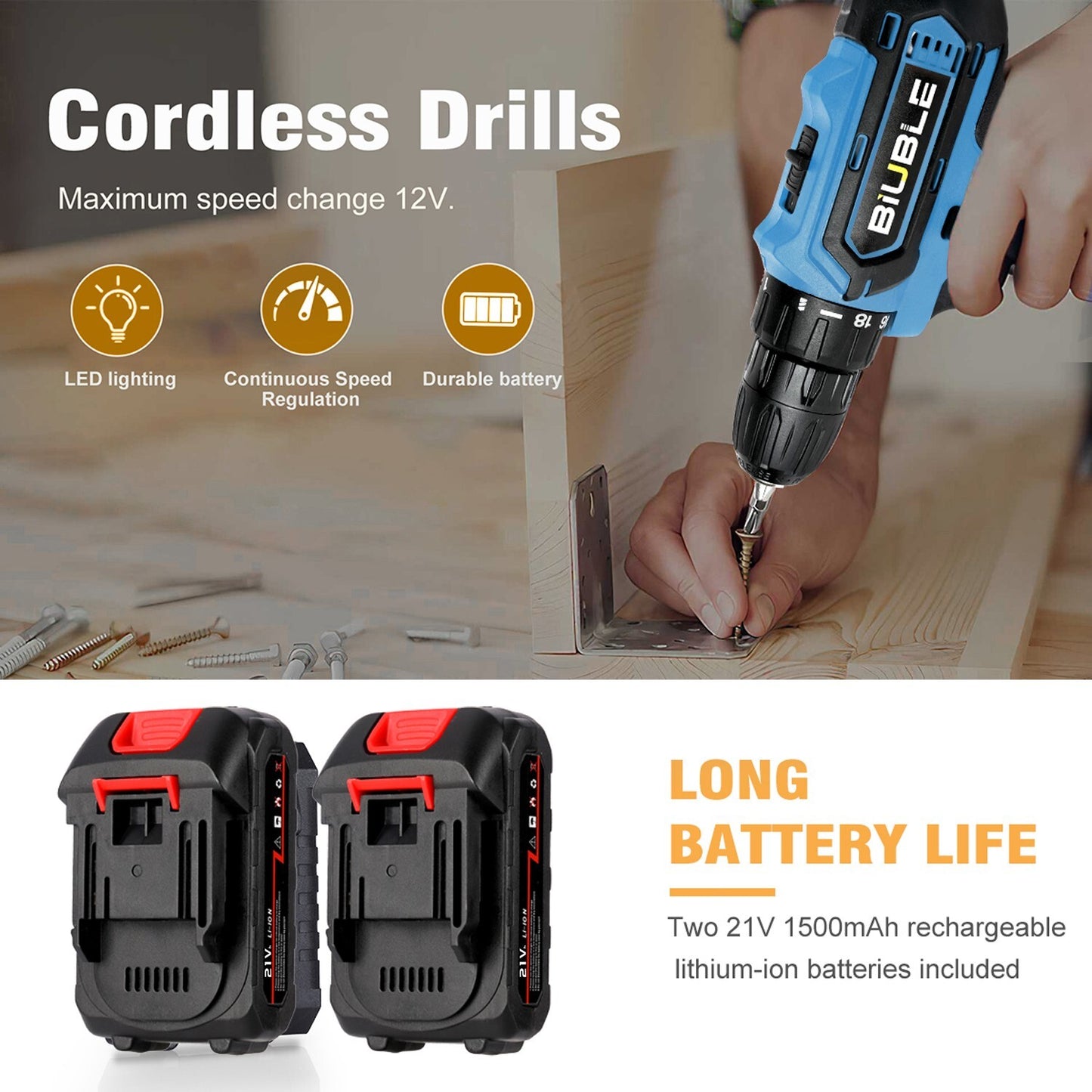 2 Battery 21V Cordless Drill Combi Driver High Power Electric Screwdriver Set UK