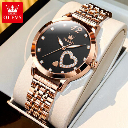 OLEVS Women's Quartz Elegant Watch Stainless Steel Rhinestone Heart Luminous Box