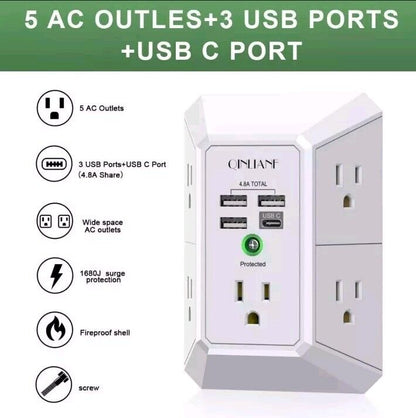5 Outlet Extender with 4 USB Charging Ports (4.8A Total) 3-Sided Multi Plug Adap