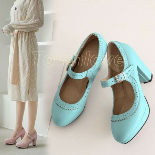 Womens Mary Jane Shoes Ankle Buckle Chunky Heels Pumps Round Toe Casual Shoes Sz