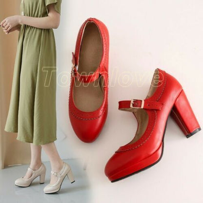 Womens Mary Jane Shoes Ankle Buckle Chunky Heels Pumps Round Toe Casual Shoes Sz