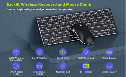 Full-Size Backlight Wireless Keyboard and Mouse Combo Laptop PC USB Silent Click