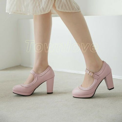 Womens Mary Jane Shoes Ankle Buckle Chunky Heels Pumps Round Toe Casual Shoes Sz