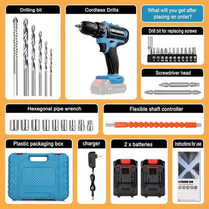 2 Battery 21V Cordless Drill Combi Driver High Power Electric Screwdriver Set UK