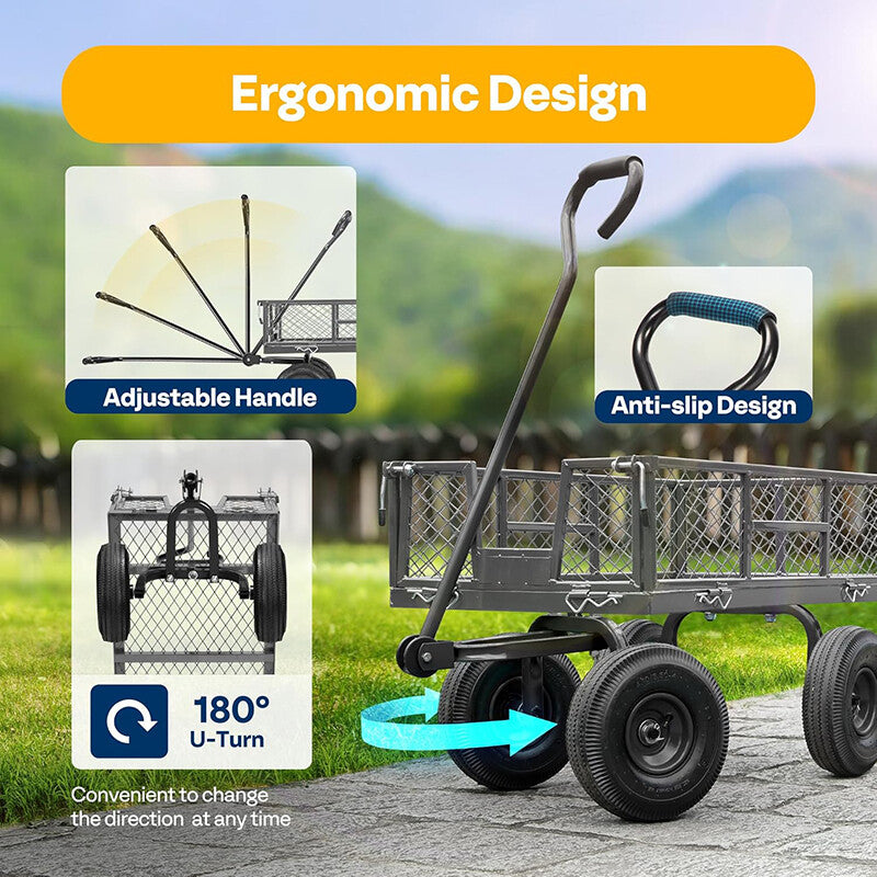 880 Lbs Lawn Garden Cart Utility Yard Pull Wagon Trailer w/ Removable Sides Grey