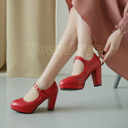 Womens Mary Jane Shoes Ankle Buckle Chunky Heels Pumps Round Toe Casual Shoes Sz