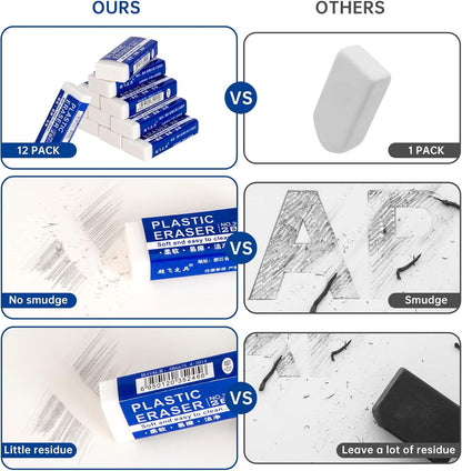 12 Pack Pencil Erasers, Large White Erasers for School, Art 12 Pack,