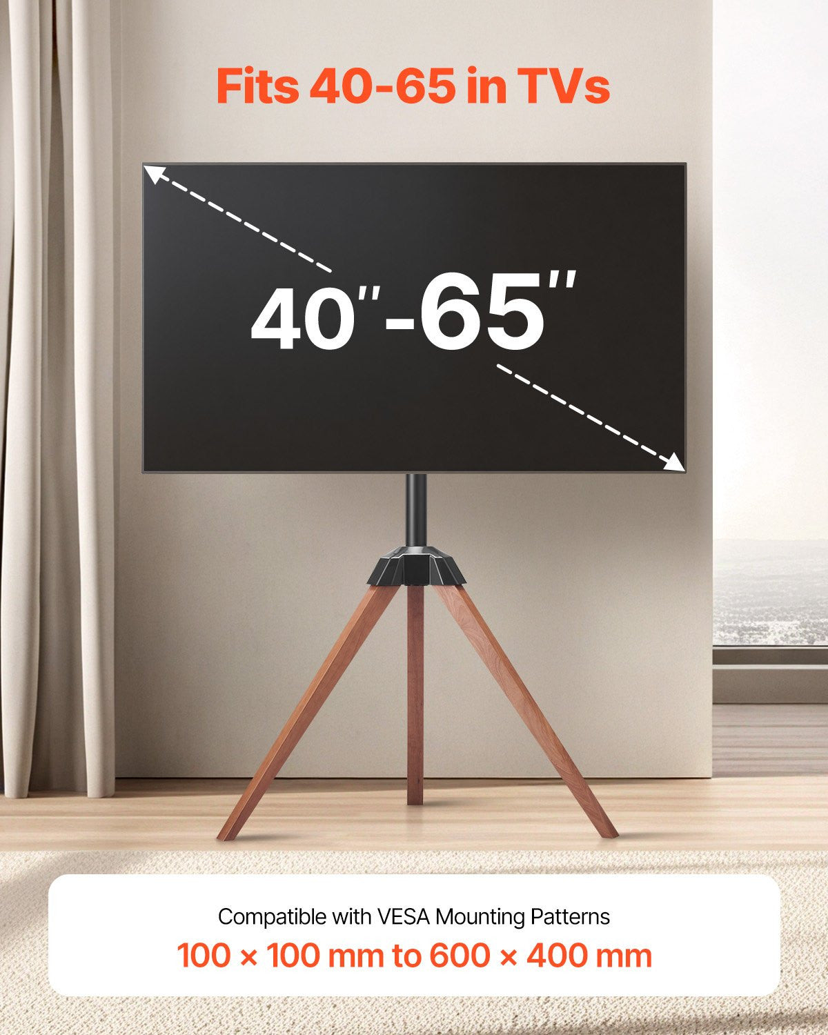 Tripod Easel TV Stand Wood Legs Holds up to 99 lbs for 40-65 Inch Screens