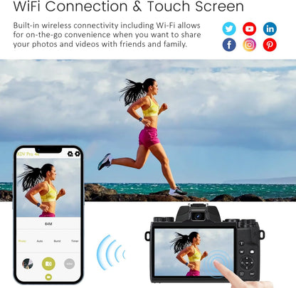 64MP 4K Digital Camera with Wifi, Touch Screen Vlogging w/ Flash 3000mAh Battery
