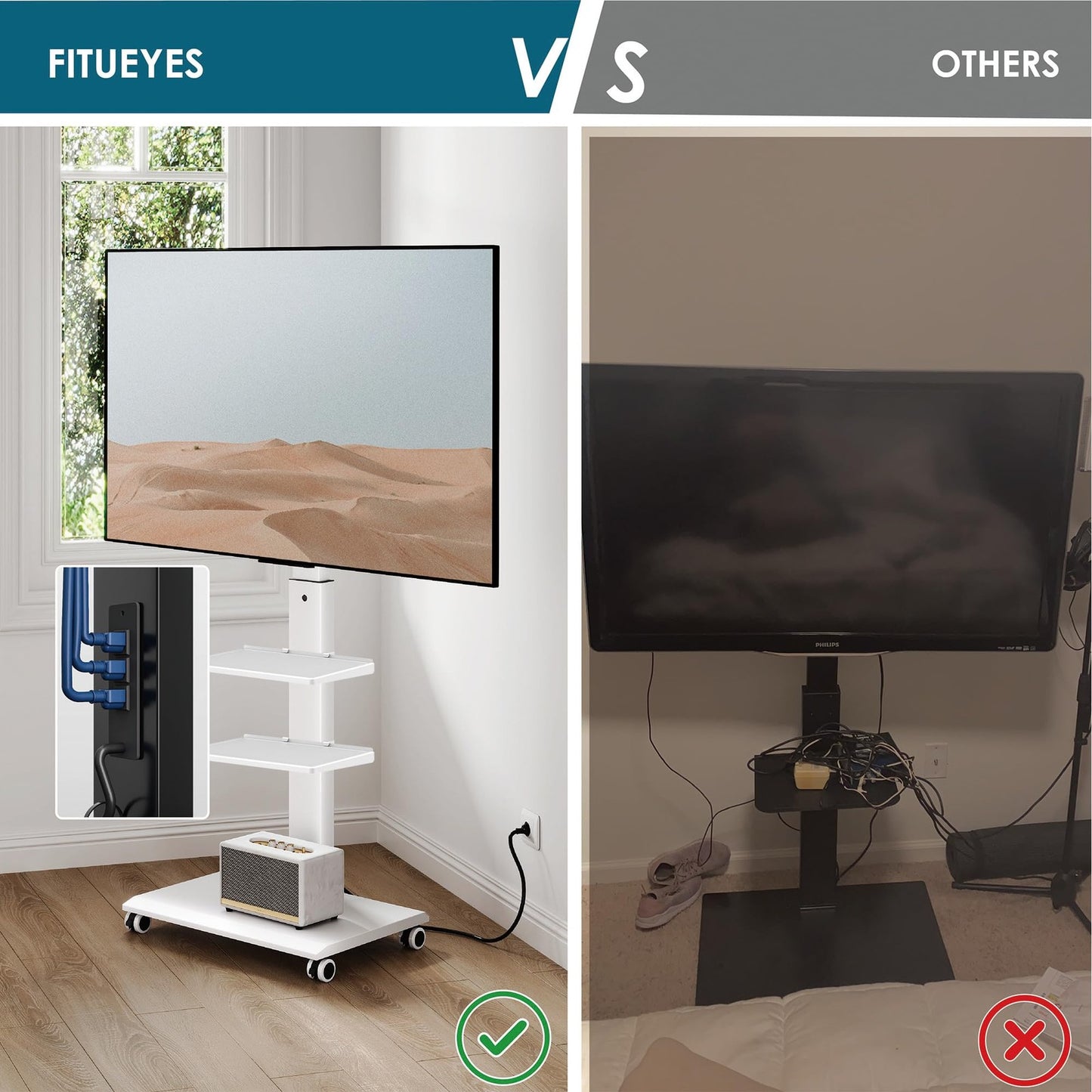 Rolling TV Stand for 32-75 Inch TVs, Portable Mobile TV Stand on Wheels with ...