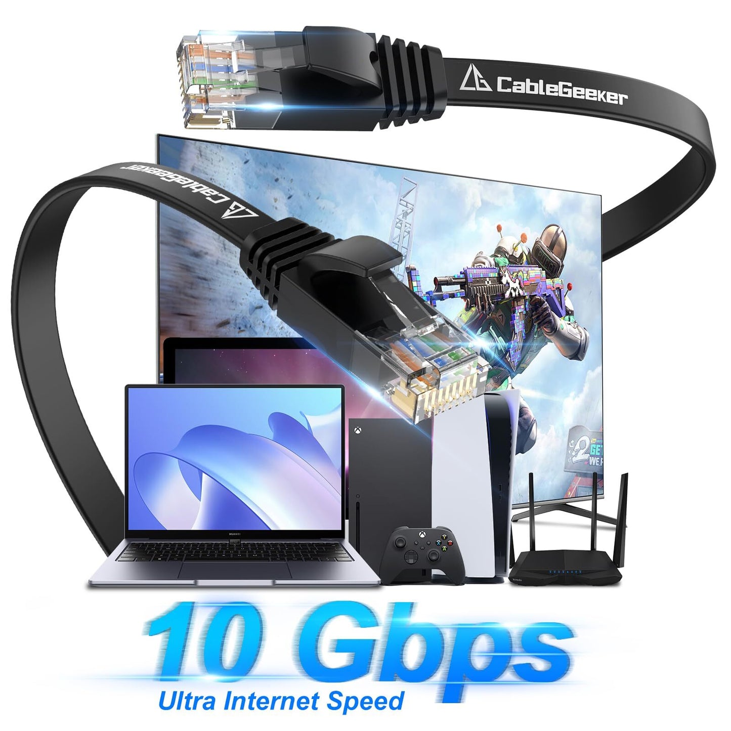 Cat6 Ethernet Cable 10ft 2 Pack Flat Snagless RJ45 Black 10Gbps