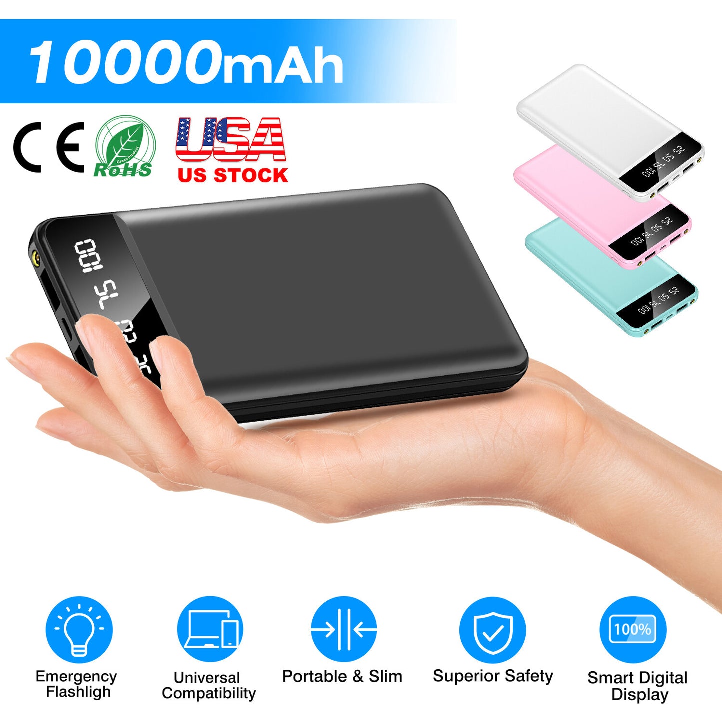 10000mAh Power Bank Dual USB Slim External Battery Pack Charger with LCD Display