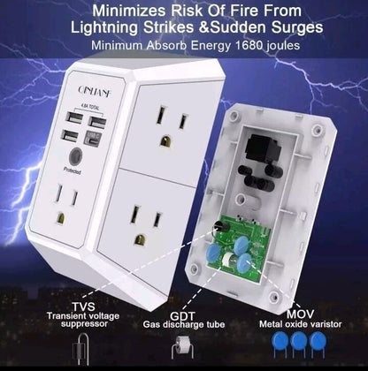 5 Outlet Extender with 4 USB Charging Ports (4.8A Total) 3-Sided Multi Plug Adap