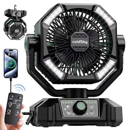 Coldsky 20000mah Battery Camping Fan with 4 LED Lantern 8 Speeds Desk Fan