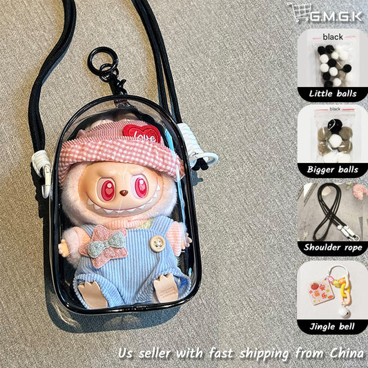 LABUBU Monsters Sit Pose Pink Clear Dustproof Plastic Bag Shoulder Rope + Bells