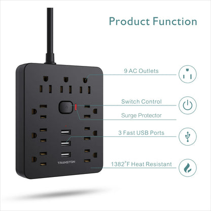 Power Outlet with Surge Protector, 9 sockets 3 USB Ports, 10ft Extension Cord,
