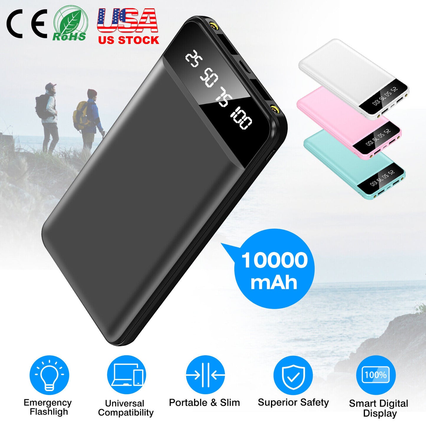 10000mAh Power Bank Dual USB Slim External Battery Pack Charger with LCD Display