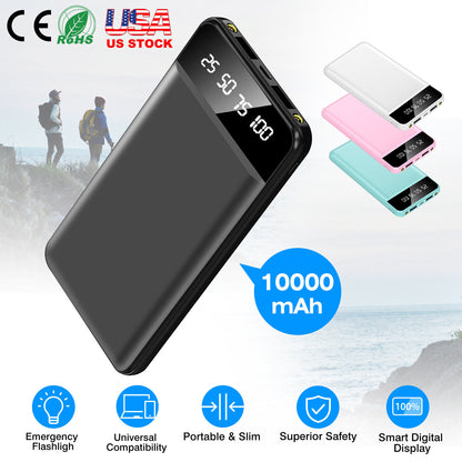 10000mAh Power Bank Dual USB Slim External Battery Pack Charger with LCD Display