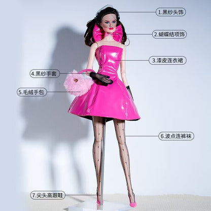 Leather Hot Pink 1/6 Doll Clothes Outfits Set Evening Dress Gown Coat Gloves 1:6