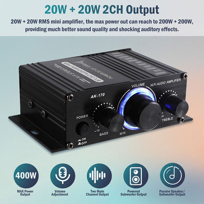 12V Car Household Stereo Mini Hi-Fi Amplifier 2 Channel Audio Power Amp 400W NEW
