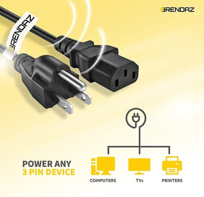 Universal AC Power Cable - 2-Pack- 1ft. 3 Prong PC Power Cord Replacement for...