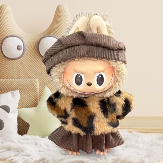 Leopard Print Plush Doll Clothes with Hat Stuffed Doll Clothing for Doll Cosplay