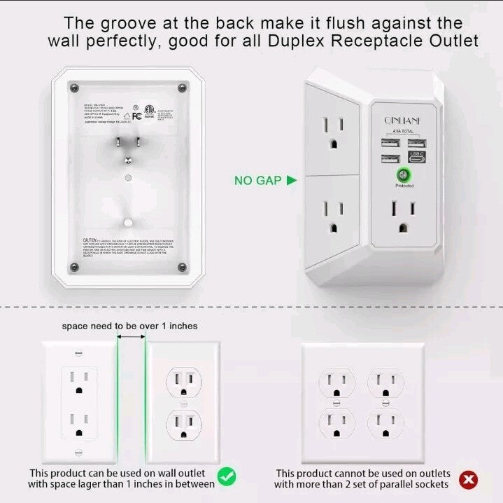 5 Outlet Extender with 4 USB Charging Ports (4.8A Total) 3-Sided Multi Plug Adap
