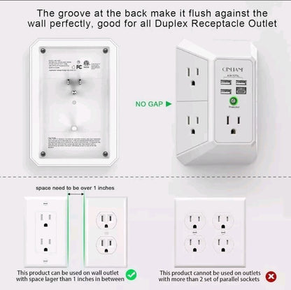 5 Outlet Extender with 4 USB Charging Ports (4.8A Total) 3-Sided Multi Plug Adap