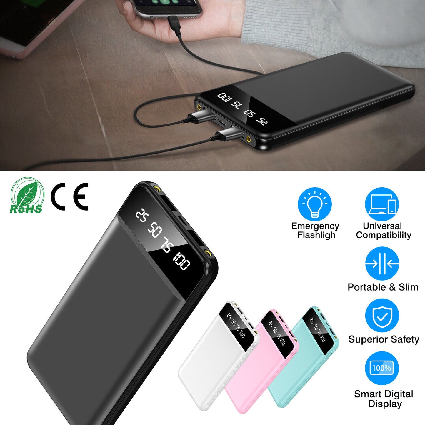 10000mAh Power Bank Dual USB Slim External Battery Pack Charger with LCD Display