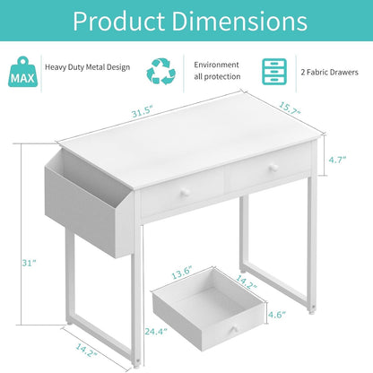 Small White Desk with Drawers - for Bedroom, 32 Inch Home Computer Desk