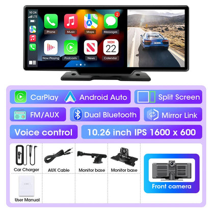 11.26" Car DVR 4K Dash Cam Dual Lens Wireless Carplay & Android Video Recorder