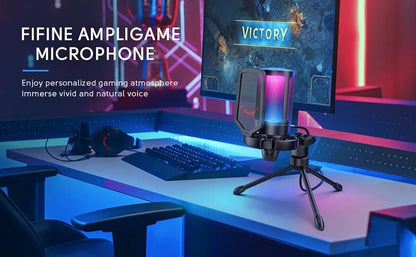 FIFINE Gaming Microphone USB PC Mic for Streaming Podcasts Recording Condense...