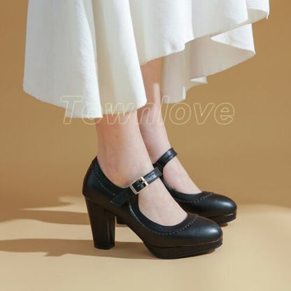 Womens Mary Jane Shoes Ankle Buckle Chunky Heels Pumps Round Toe Casual Shoes Sz