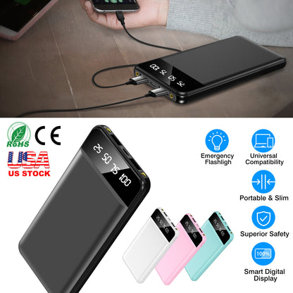 10000mAh Power Bank Dual USB Slim External Battery Pack Charger with LCD Display
