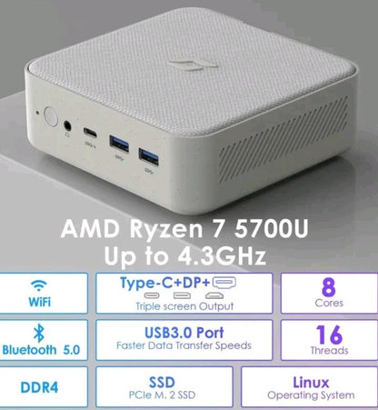 Linux Mini PC AMD Ryzen 7 5700U, 4K WiFi/BT5.0/USB3.0/Dual Channel
