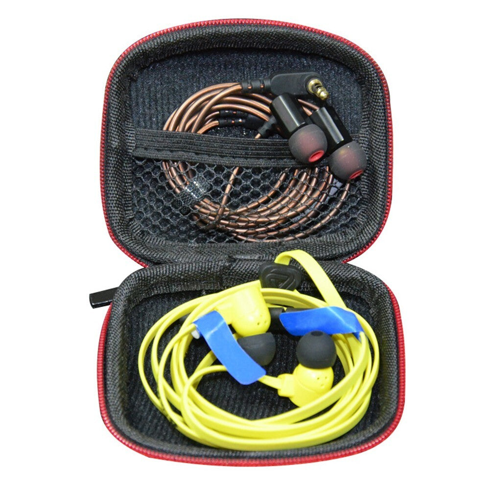 Portable Square Earphone Case Box with Mesh Pocket Headset Storage Black