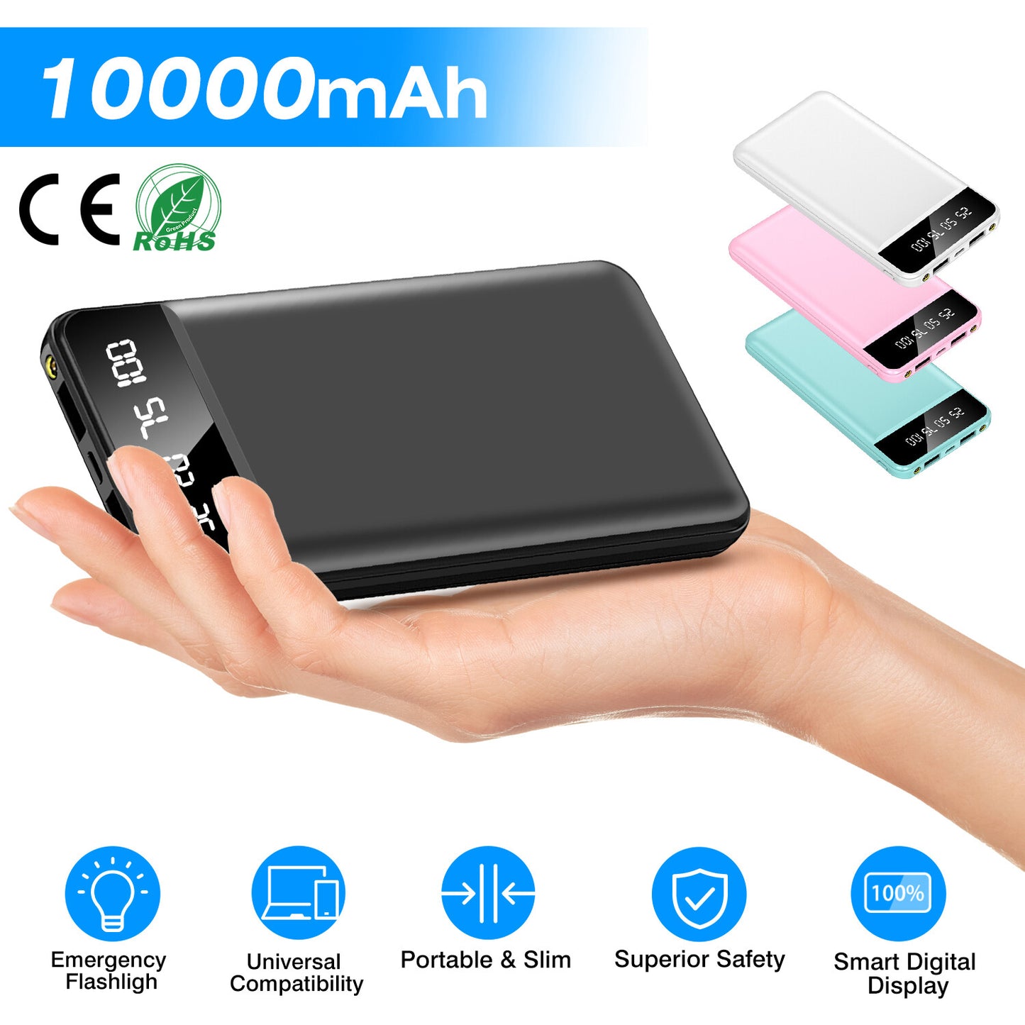 10000mAh Power Bank Dual USB Slim External Battery Pack Charger with LCD Display