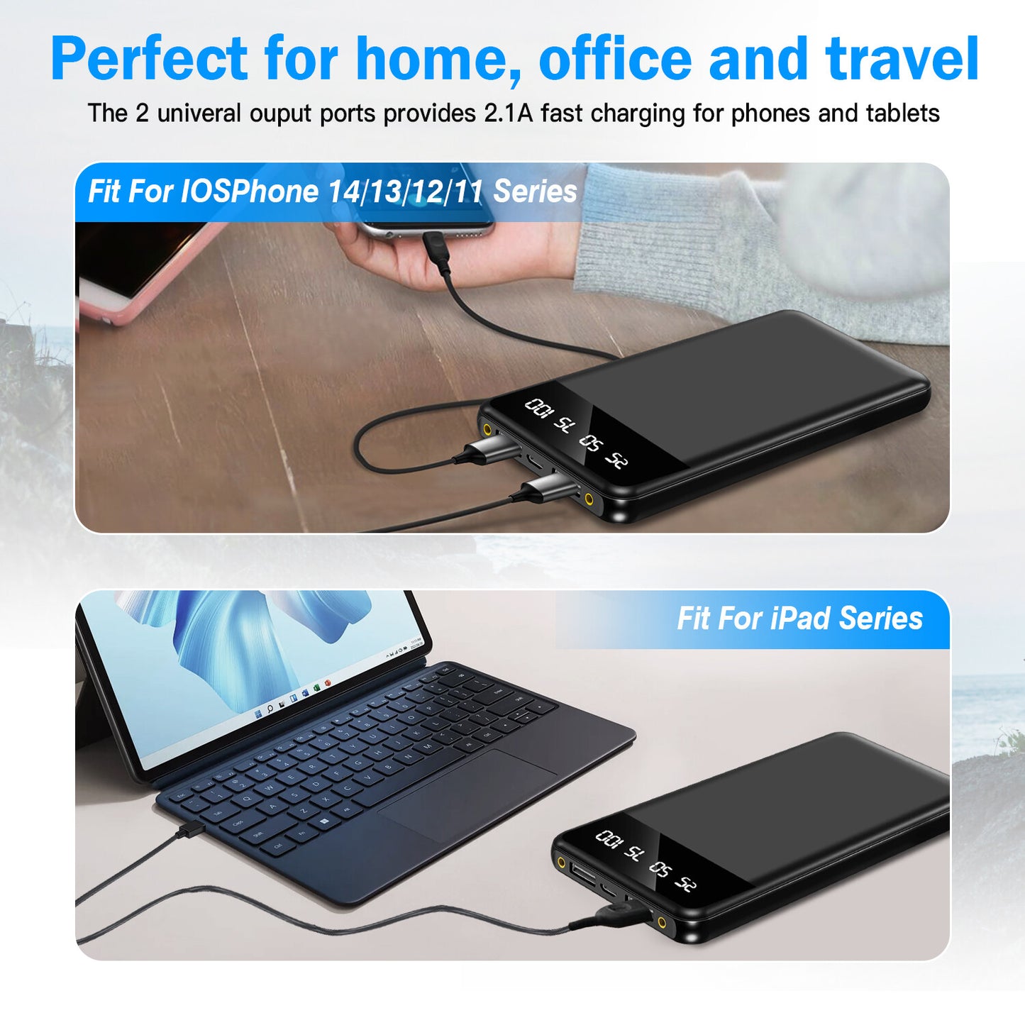 10000mAh Power Bank Dual USB Slim External Battery Pack Charger with LCD Display