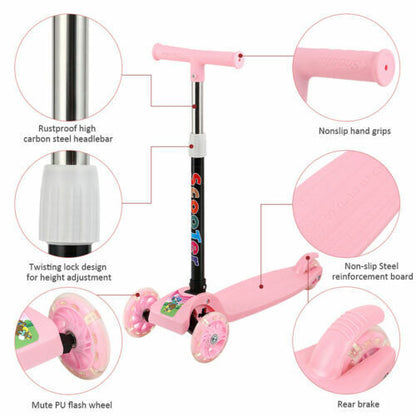 3 Wheel LED Kick Scooter Children Scooter Adjustable Handlebar Toddler Girls Boy