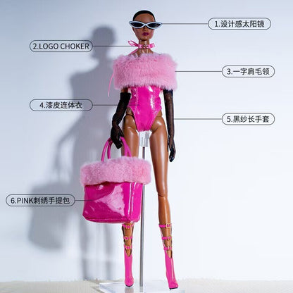 Leather Hot Pink 1/6 Doll Clothes Outfits Set Evening Dress Gown Coat Gloves 1:6